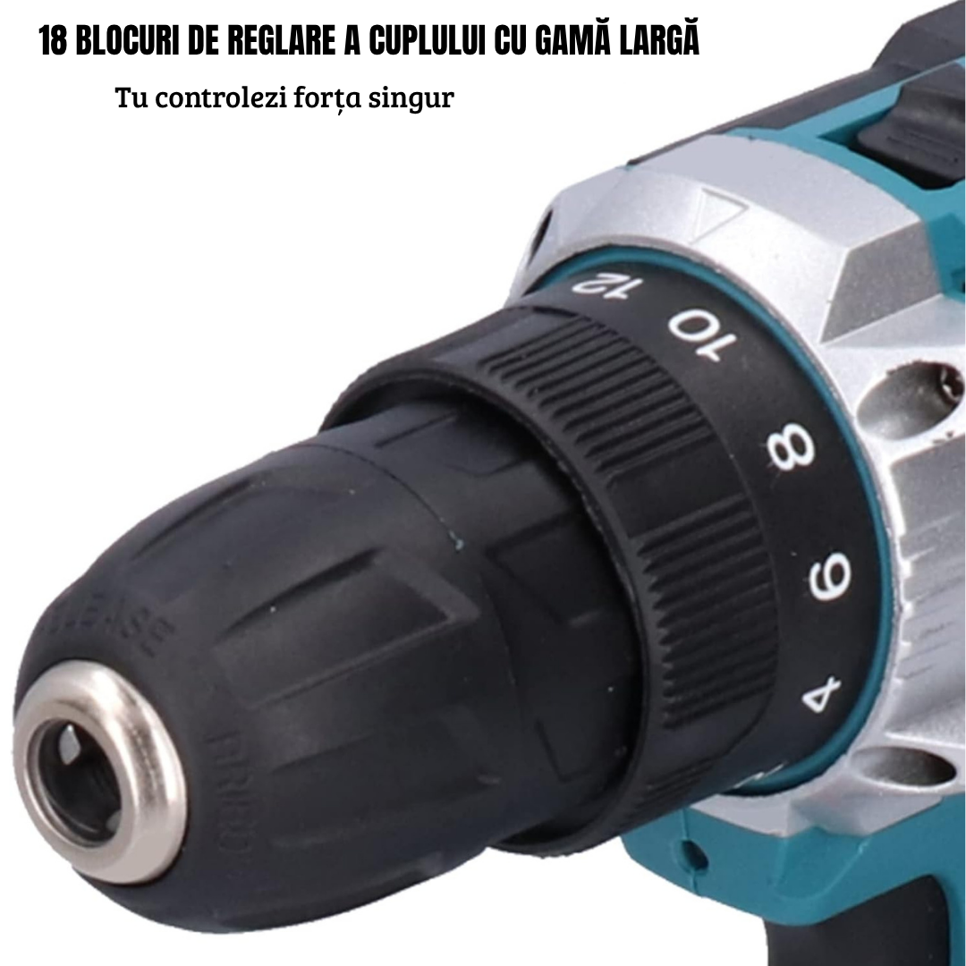 DrillMaster | Bormașină Electrică cu Impact și Baterie (Kit complet german)