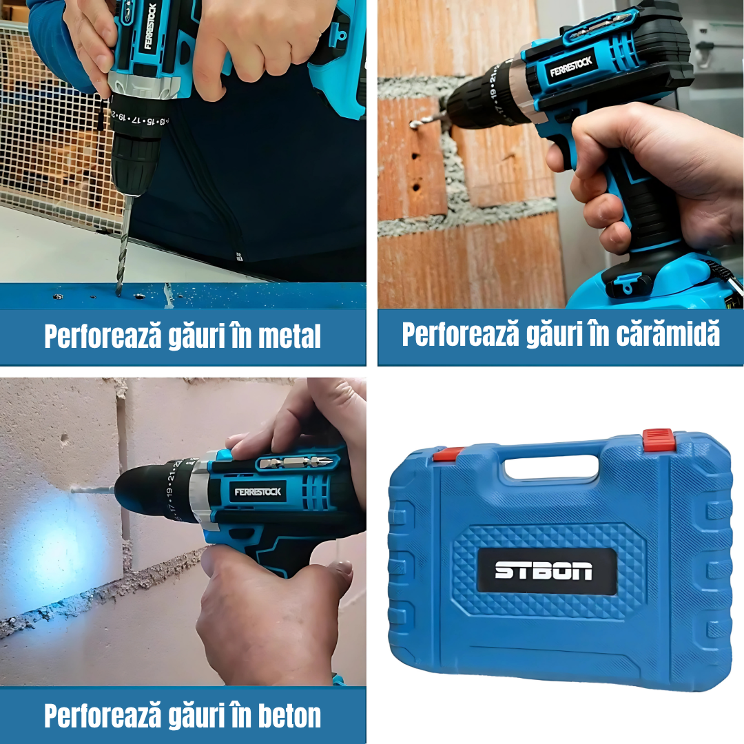 DrillMaster | Bormașină Electrică cu Impact și Baterie (Kit complet german)