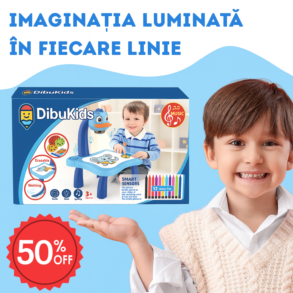 🎨 DrawTable |Kit complet – Măsuță pentru copii cu proiector LED + (12 markere GRATUITE) 🎨